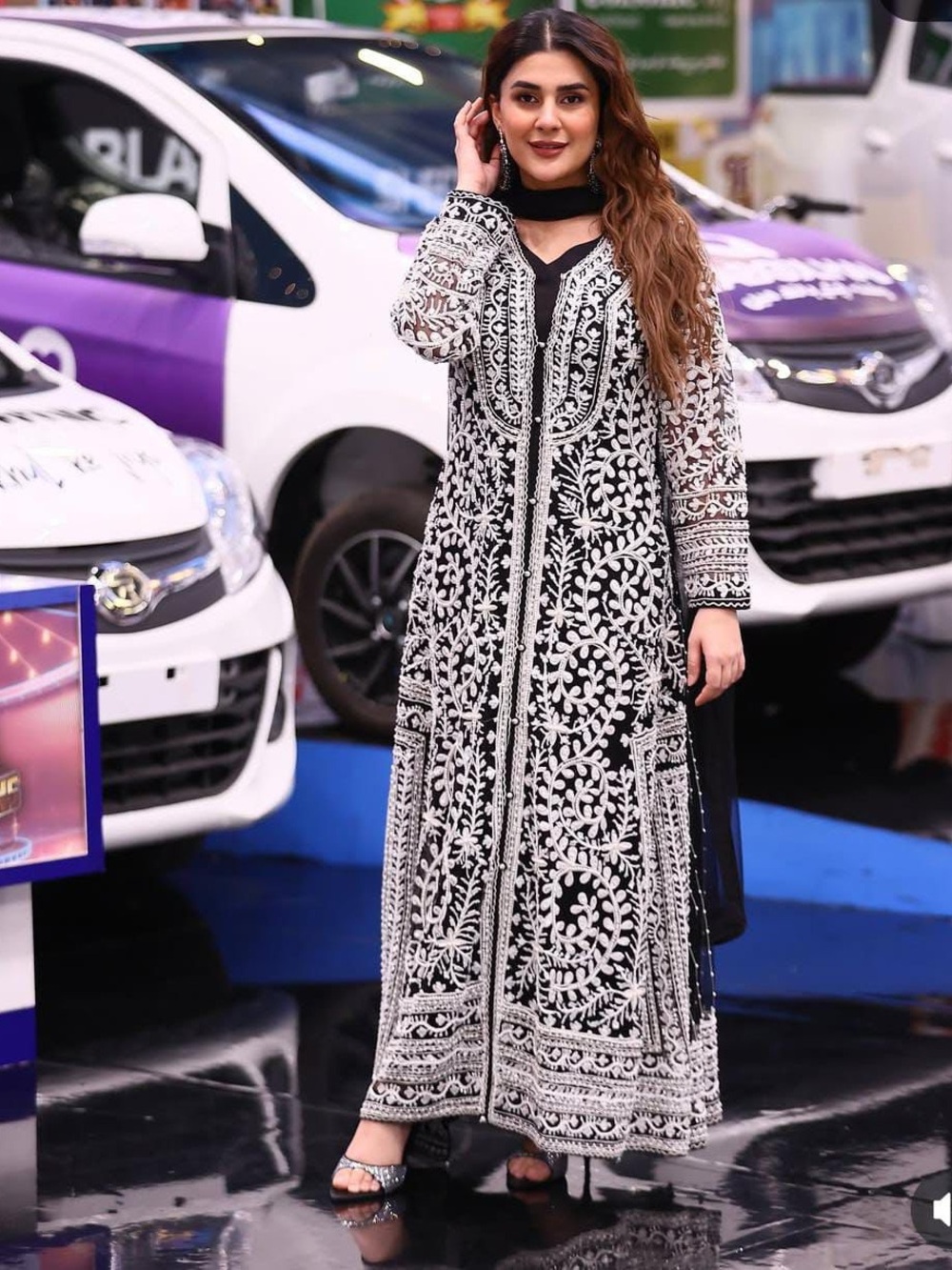 Black & White Embroidered Long Dress for Women